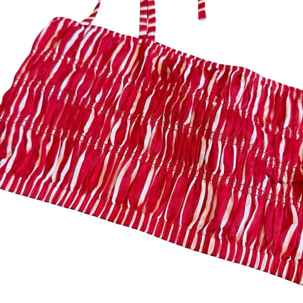 J. Crew Red White Cropped Spaghetti Strip Crop Top Shirt Ruched Size Medium